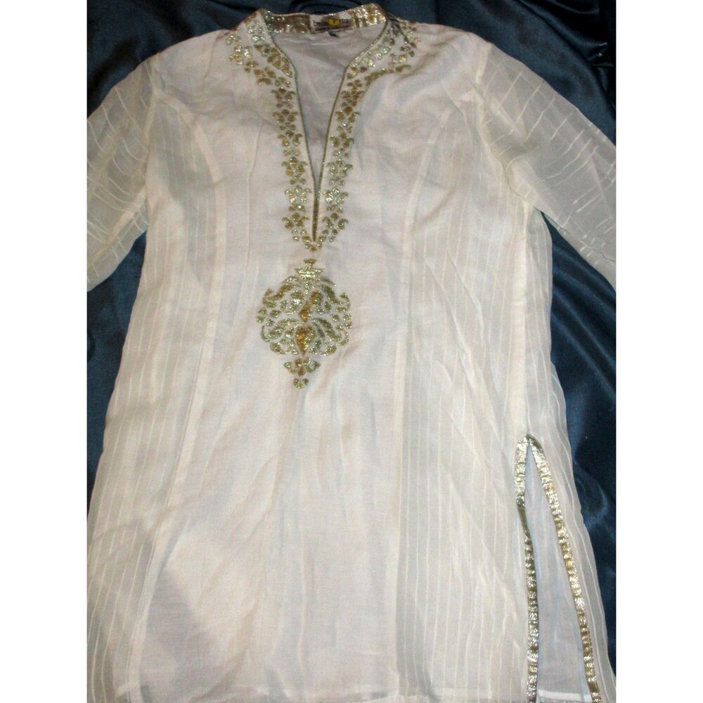 'Bella Tu' Boho Ivory Embellished Tunic ✨ Gold Sequin Sheer Kurta Top - Picture 3 of 7